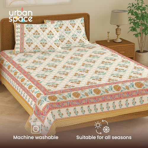 Image of Urban Space 100% Cotton Handcrafted Premium Printed Double Size Bedsheet with 2 Pillow Covers, 240 TC Cotton Double Bedsheet (90 x 100 Inches, Amberjaal Yellow)