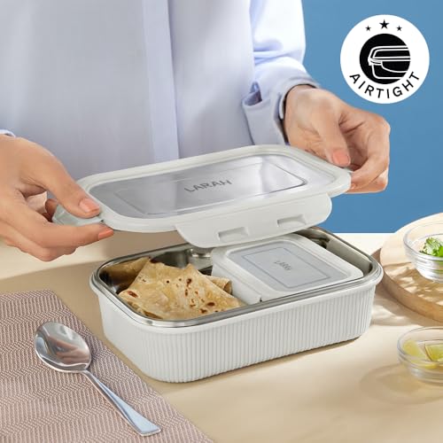Image of Larah by BOROSIL Freshbyte Stainless Steel Lunch Box | 800 ml + 200 ml Rectangle Container Set | Airtight, Dishwasher Safe Tiffin | Portable Kids Tiffin | 1 Year Warranty | Grey