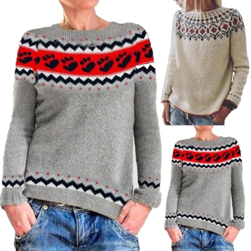Fair Isle - Suéteres de Navidad de gran tamaño para mujer, suéteres de punto nórdico, islandés, noruego, cálido, grueso, vintage, gráfico de manga larga, sudaderas, beige, M