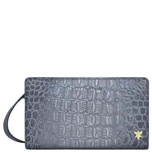 Image of Anuschka Women's Leather Wallet - Hand-Painted Genuine Leather Wallet with RFID Protection - 1149, Croc Embossed Silver Grey