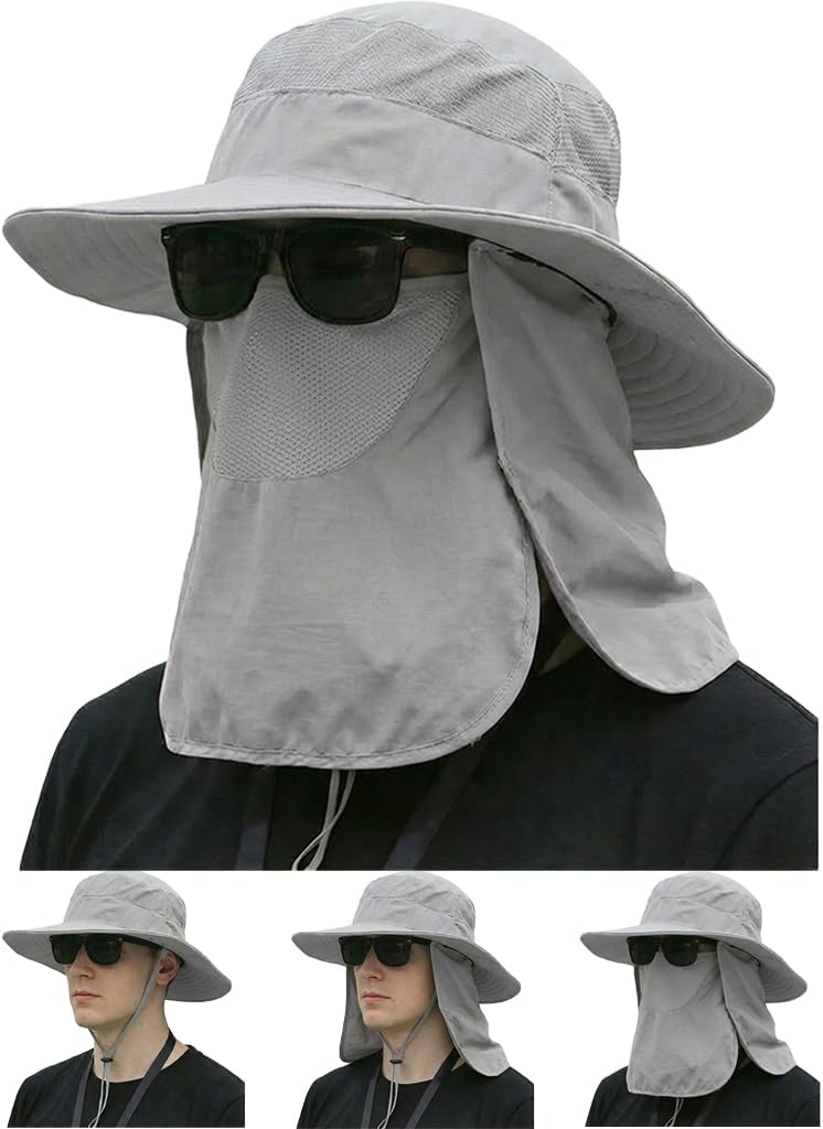 Sun Hat Bucket Hats for Men Women,Outdoor Wide Brim Fishing Hat with Detachable Face Cover & Neck Flap UV Protection