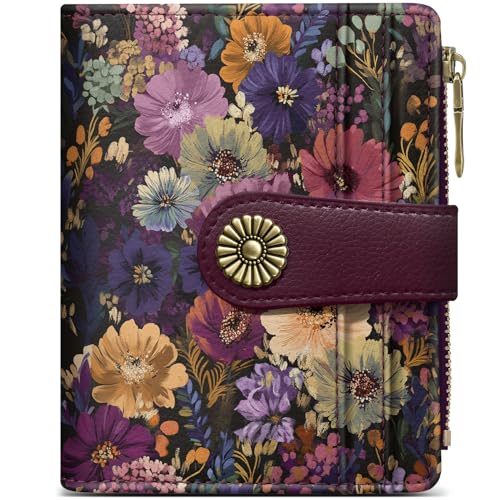 Image of Small Wallet for Women, RFID Blocking Bifold Card Holder Wallet with 10 Card Slots, Cash Compartment, Zipper Coin Pocket & ID Window, Cute Soft Vegan Leather Compact Wallet, Midnight Bloom