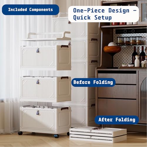 Image of House of Quirk Foldable Storage Box Cart with Wheels & Handle, Multi-Layer Stackable Plastic Storage Bins with Lid, Front Opening Door Organizer, Large Capacity Portable Cabinet (White, 4 Layer)