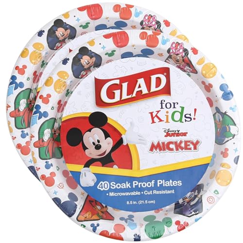 Glad for Kids Disney Mickey and Friends Disposable Paper Plates for Snacks and Meals Heavy Duty Soak Proof Cut Resistant Microwave Safe Kids Plates Party Pack 8.5 Inch 40 Count - 2 Pack