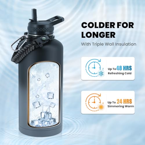 Image of RAYMYLO Insulated Water Bottle 87 oz, Triple Wall Vacuum Stainless Steel (Cold for 48 Hrs), Leak Proof & Non-BPA, Modern Water Flask Jug with Paracord Handle & Straw Spout Lids, Dark Grey