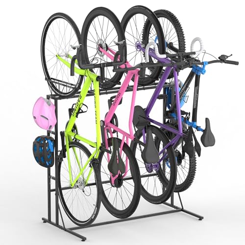 YBING Freestanding Bike Rrack Garage - 4 Bikes Vertical Bike Storage Stand, Floor Stand Bike Racks for Home and Garage Organizer, Indoor, Outdoor
