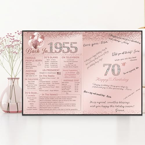 Image of Vlipoeasn 70th Birthday Party Guest Book for Women, Creative 1955 Poster Sign in Book, Pink and Black Back in 1955 Signature Book, 70 Year Old Birthday Party Decorations Centerpieces Supplies