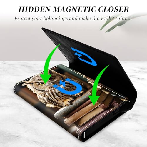Credit Card Holder Aluminum Auto Pop Up Wallet, Slim Minimalist Credit Card Holder For Men and Women, Leather Card Case Front Pocket Trifold Wallet RFID Blocking Wallets,Owl with Books4