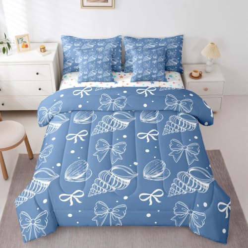 Erosebridal Conch Bow Bedding Set 7 Pieces,Coastal Seashell Queen Comforter Set with Sheets Preppy Coquette Bowknot Bed in a Bag for Kids Boys Girls Ocean Creature Bed Sets