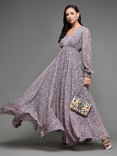 Image of Miss Chase Women Pleated V Neck Full Sleeves Relaxed Fit Midi Length Dress