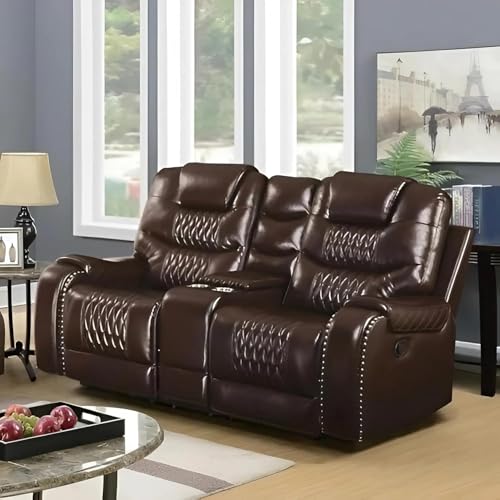 Image of Torque - Mikkel Recliner Sofa 2 Seater with Cup Holder- Dark Brown | Leatherette 2 Seater Recliner with Center Console & Cup Holder | Two Recliners Chair for Home