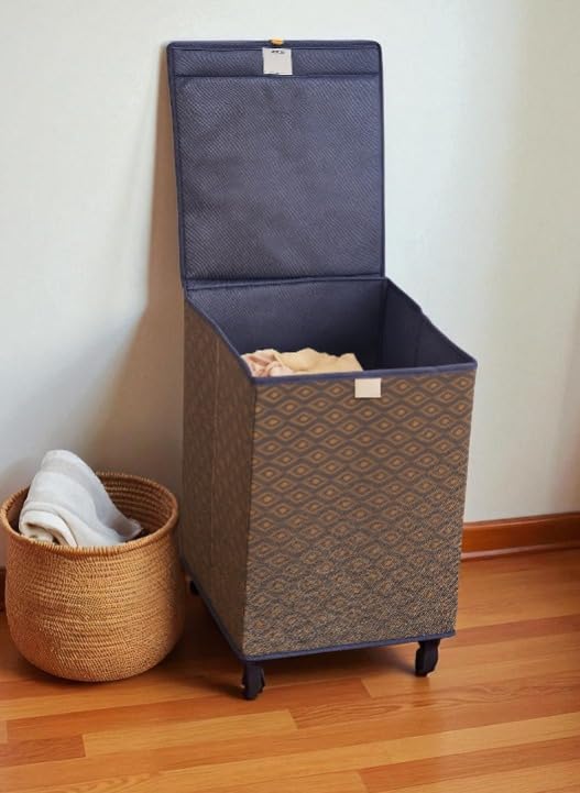 Image of QUAIL Non Woven Foldable Jute Printed 75 Liter Laundry Basket with Lid - Durable & Collapsible Storage Bag for Clothes, Toys & Washing Items (Blue Golden, Set of 1)