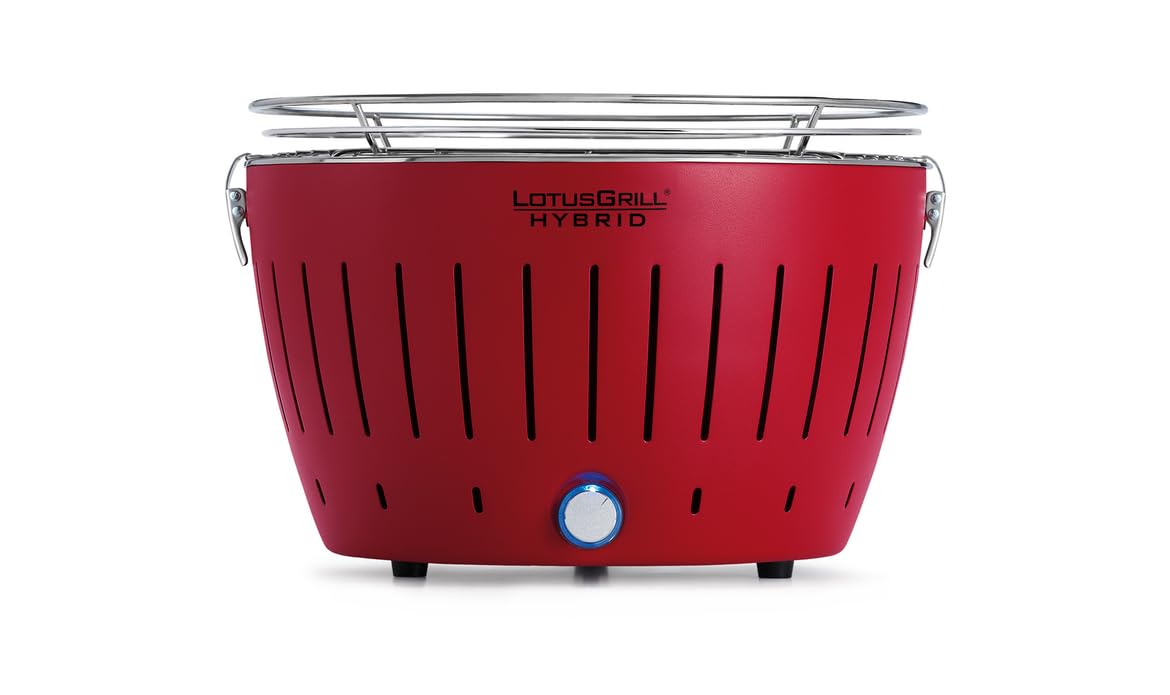 LotusGrill - Nuovo Barbecue Ibrido Portatile a Carbonella e Gas in Acciaio Inox con alimentazione a batterie oppure cavo USB - Borsa da Trasporto inclusa - Ø 32 cm - Rosso