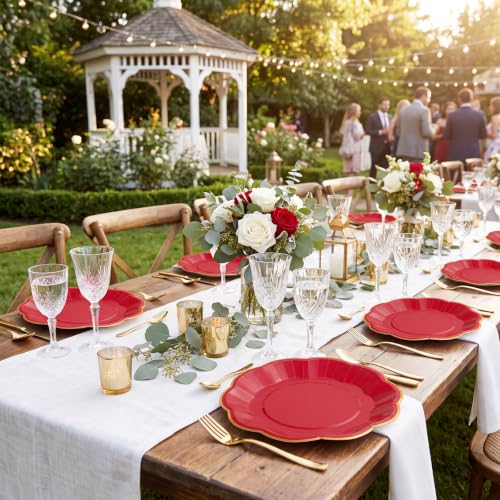 Image of 30 Pcs Red Plates with Gold Trim 9 Inch Scalloped Red Paper Dinner Plates