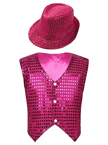 Kids Boys Glittery Sequined Jazz Street Dance Shirt Coat Sleeveless Vests Jacket Waistcoat with Hat