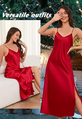 Image of ALCEA ROSEA Women's Long Satin Slip Dress Nightgowns Sexy Lingerie Adjustable Strap Midi Dress Silky Gown V Neck Under Dress