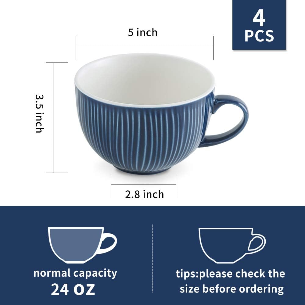 KOOV Jumbo Soup Mug, Soup Bowls with Handles Microwave Safe, Ceramic Soup Mugs with Handles, Jumbo Mug Set of 4, 24 Ounce (Aegean)