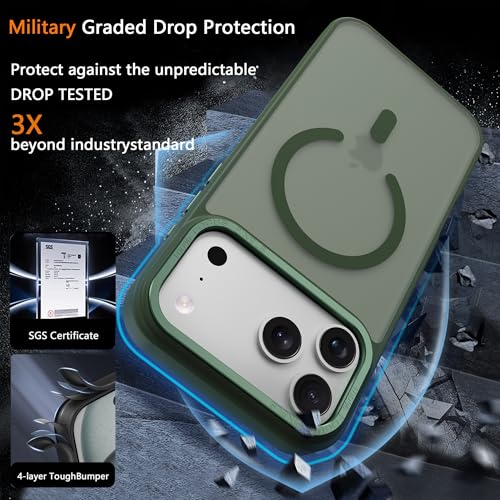 Image of Magnetic for iPhone 17 Pro Phone Case, [Compatible with MagSafe], Screen Protector X1, [Military Grade Drop Protection],Matte Finish,Slim,Shockproof,Protective (blackish green, iPhone 17 PRO)