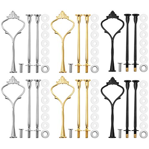 3 Tier Cupcake Stand Fittings Cake Stand Hardware Kit Heavy Metal Cake Stand Holder for Dessert Serving Trays Support Rod, Tiered Resin Plates, Crafts Making and Decoration(Black, Silver, Gold,6 Sets)