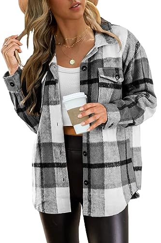 Zeagoo Chaqueta de camisa para mujer Chaqueta a cuadros de manga larga Shacket Abrigo de franela Camisa blusa con botones, Negro , M