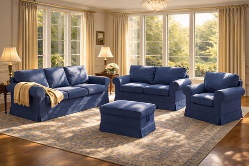 Image of Cotton Ektorp Loveseat Cover Compatible with IKEA 2 Seat Sofa Slipcover | Heavy Duty Cotton Ektorp Two Seat Cover Replacement Only Blue Color