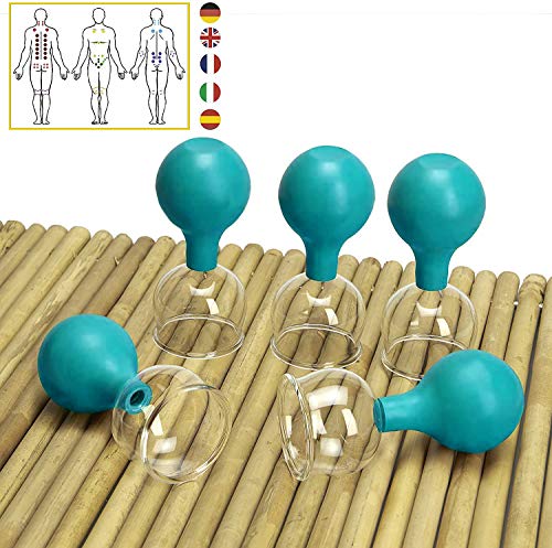 Lunata (Upgrade 2020) SET 5x Juego de Ventosas con Bola de Succión, Ø 60, Ventosa anticelulitica, Ventosas para un Masaje profesional, azul