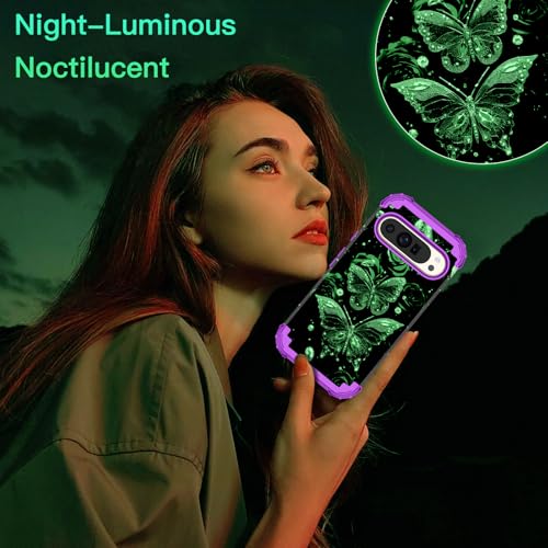 LONTECT for Google Pixel 10 Pro XL Case Floral Shockproof Rugged Heavy Duty 3 in 1 Hybrid Sturdy High Impact Protective Cover Case for Google Pixel 10 Pro XL,Glow in the Dark Lavender - image 6