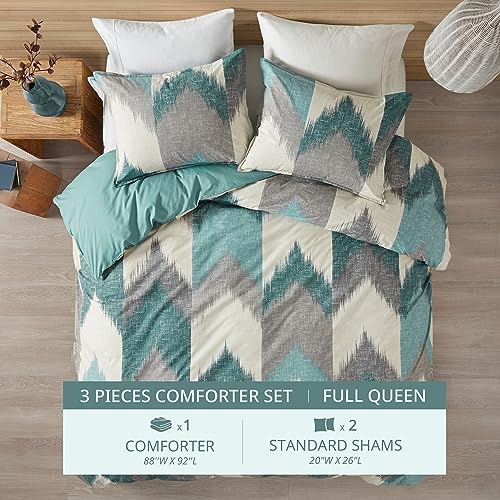 Image of Ink+Ivy Queen Size Comforter Set, Cozy Cotton Comforter, All Season, Lightweight Comforter Queen Bed Set with 2 Matching Shams, Modern Cabin Lodge Ikat Chevron Design, Aqua Full /Queen 3 Piece