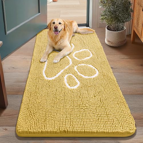 Image of Smiry Dog Door Mat for Muddy Paws, Absorbent Dirt Trapper Non Slip Quick Dry Washable Chenille Mat for Mud Dogs, Entry Rug for Indoor and Outdoor (48x30 Inches, Yellow and White)