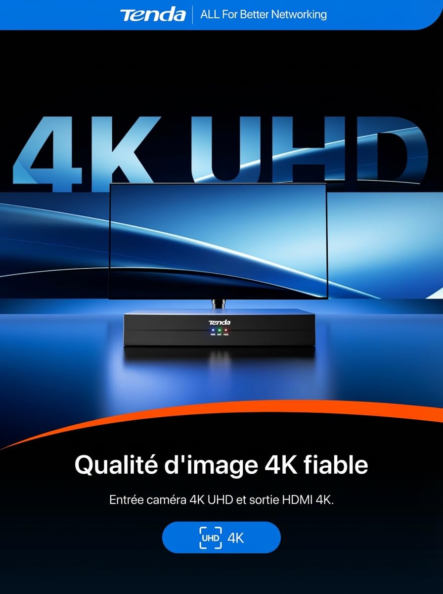 Tenda TN3108-8P NVR Système de Surveillance 4K, Enregistreur 8CH PoE, Transmission 250m, H.265+, Plug and Play, Disque Dur (jusqu‘à 10To)/Stockage Cloud, Protection Foudre 4KV, App Contrôle à Distance
