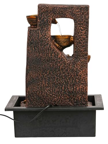 Image of CHRONIKLE Indoor Tabletop Water Fountain with Warm LED Light & Controller Pump | Golden Leaf Designer 4 Diya Step Cascade Polyresin Waterfall Fountain for Home, Meditation Decor | Brown | 40x29.5x22CM