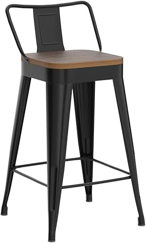 Miniatura 4 de Bar Stools Set of 4 Metal Bar Stool Counter Height Bar Stools Black, Modern 24" Bar Chairs with Back and Wooden Seat Bar Stool Counter Height