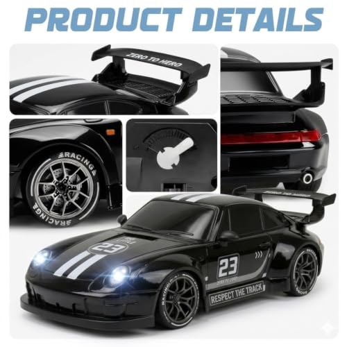 Image of Royal Cellar RC Drift Car 1:24 Scale 4WD | 20KM /H High-Speed Remote Control Car with LED Lights | 2.4GHz Rechargeable Drift Racing Car with Extra Tires & Cones | Gift Boys & Girls (POR)