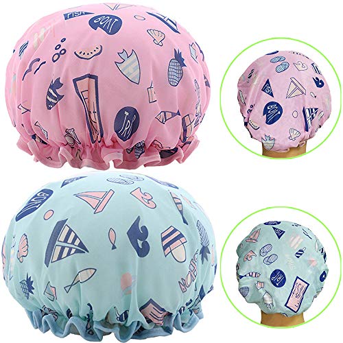 Shower Cap, TooCoo Double Waterproof Layers Women Bath Shower Hat, Fashionable EVA Bathing Shower Caps (Sea [2Pack])
