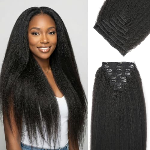 OLQZJZJ Kinky Straight Clip In Hair Extensions 24inch 200G 8pcs 100% Pure Protein Fiber Close to Human Hair Natural Black Full Head Double Weft Invisible Yaki Clip Ins for Women (#1B 24inch)