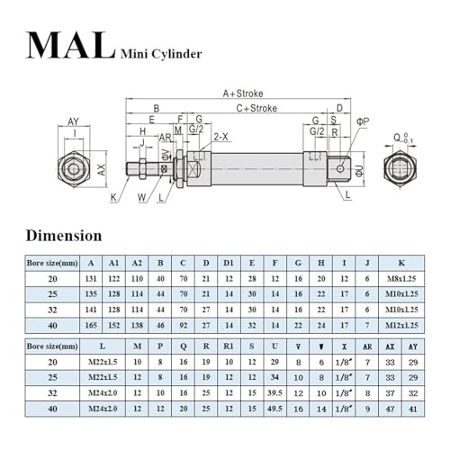 Cylindre d'air MAL 25mm pour éviter les pannes de poussée pneumatique