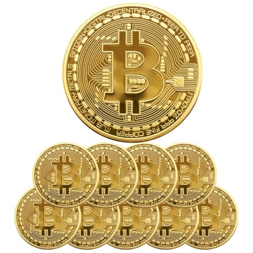 Naturiway 10 Pcs Bitcoin Coins, 24K Gold Plated, 3mm BTC Cryptocurrency Collectibles with Protective Case, Blockchain Decor for Home and Office