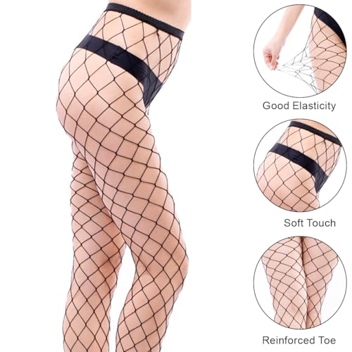 Image of 2 Pairs 20D Women's Fishnet Sheer Tights Control Top Pantyhose with Reinforced Toes Size 90-150lbs black Big+Medium Net