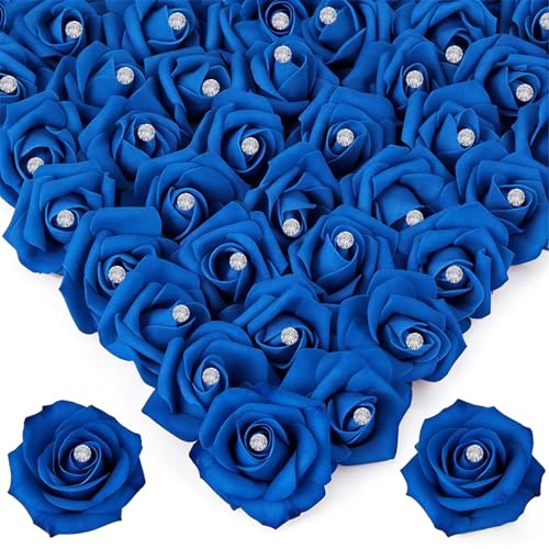 Image of 100Pcs Real Looking Royal Blue with Diamonds Artificial Rose Flower Heads, Foam Fake Roses for DIY Wedding Decorations Baby Shower Centerpieces Home Party Valentine's Day Mother's Day Decor