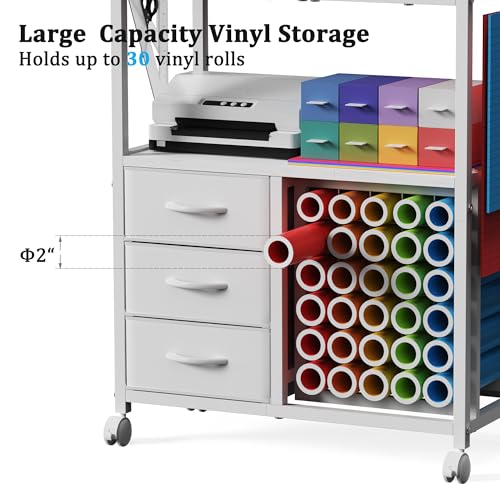 Image of 30 Vinyl Roll Holders for Cricut Cart, Rolling Craft Cart with 3 Fabric Drawer, Craft Organization and Storage Compatible with Cricut Maker Machine, Crafting Table Workstation, White, Patent Pending