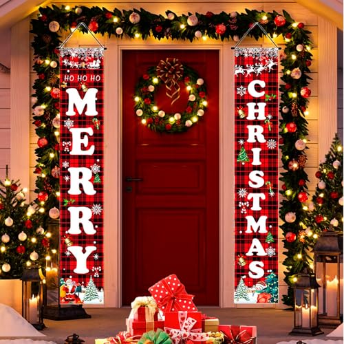 TELAIN Christmas Decorations Red Black Buffalo Plaid Door Banner Set Outdoor Indoor Christmas decoration for home, wall, front door, garden and garage