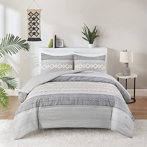 Hyde Lane Boho Gray Comforter Set King, Farmhouse Bedding Sets , Cotton Top With Modern Neutral Style Clipped Jacquard Stripes, 3-Pieces Including Matching Pillow Shams (104X90 Inches) #TOP3