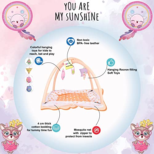 Image of Kwitchy Baby Bedding Set New Born Baby Bed Mattress with Mosquito Net Play Gym Playmat Cotton Bed with Hanging Toys (0-6 Months, Orange)