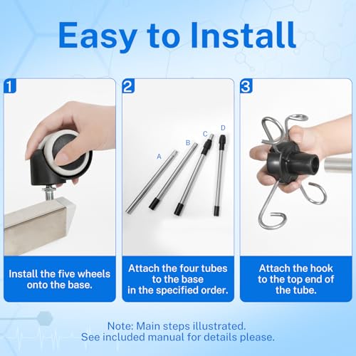 IV Pole with 4 Hooks 5 Legs, Rolling Base with Brake Wheel, 64.6 to 81.1 Inches Adjustable Height Portable Medical Pole IV Stand, Stainless Steel