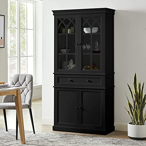 Image of GOOD & GRACIOUS China Cabinet with Tempered Galss Doors, Linen Drawer and Adjustable Shelf, Black