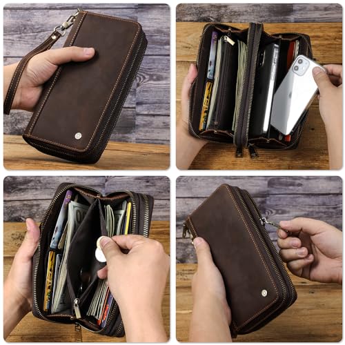 Image of Top Grain Genuine Leather Clutch Bag Wallet with Wristlet for Man & Woman, Handmade Retro Design, 2 Zipper Pockets & Multiple Slots, RFID Large Capacity for Cards /Phone /Check /Money /Coin, Coffee