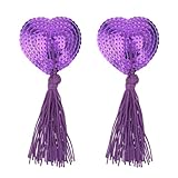 WLLHYF 1 Pair Women Reusable Breast Pasties, Heart-Shaped Breast Bra with Sequins Tassel Adhesive Nipple Cover Stickers Valentine's Day(purple)