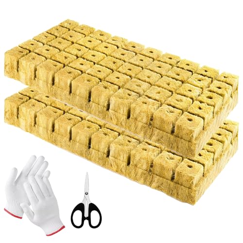 ZMCVOE Cubos de Lana de Roca, 100 Piezas Lana de Roca Cultivo con Guantes y Tijeras, Respirable Lana de Roca para Cultivo, Cubos de Cultivo para Esquejes, Siembra y Trasplante (25x25x25 mm)