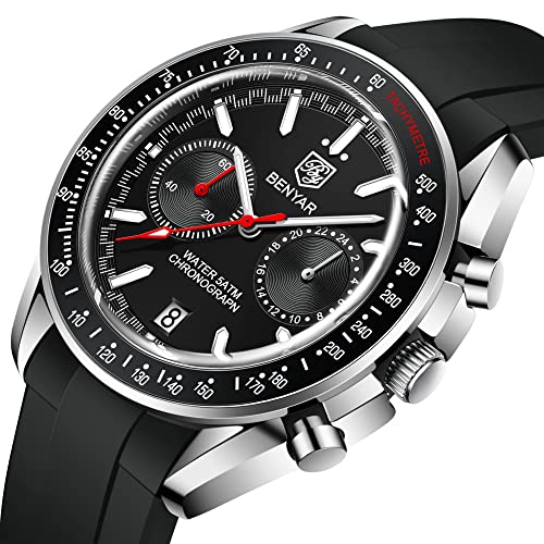 Image of BENYAR - Stylish Wrist Watch for Men, Genuine Silicone Strap Watches, Perfect Quartz Movement, Waterproof and Scratch Resistant, Analog Chronograph Quartz Business Watches