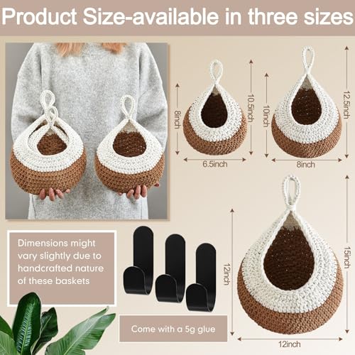 Image of Honeydak 3 Hanging Baskets, White and Beige, Teardrop, Cotton Rope